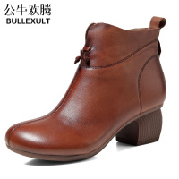 公牛欢腾2021短靴女春秋单靴秋冬新款复古手工女靴软牛皮中跟软底妈妈棉靴