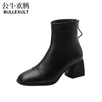 公牛欢腾高跟短靴女2021年新款加绒女鞋真皮中跟粗跟小码3233秋冬马丁靴子