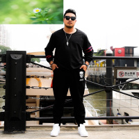 肥佬大学生青年百搭新款两件套男宽松休闲胖子加肥加大秋季套装肥佬运动卫衣卫裤黑色