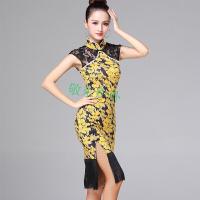 2018新款拉丁舞裙印花旗袍裙套装女舞蹈表演服装流苏连衣裙夏拉丁舞服装女练功服裙成人秋冬黄花送保险裤