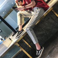 运动裤女薄款夏季韩版原宿九分裤ulzzang休闲条纹长裤宽松裤