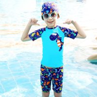 儿童泳衣中大童恐龙游泳衣分体男童五分平角泳裤套装宝宝防晒泳装蓝色