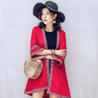 民族风刺绣开衫外套女中长款薄款披肩空衫夏海边度假沙滩衣红色均码