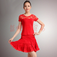 拉丁舞蹈服装广场舞套装女蕾丝绣花百折跳舞裙夏演出服饰紫色上衣+紫色裙裤XL