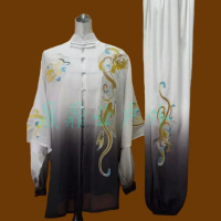 定制款渐变色弹力丝绸刺绣龙太极服练功服武术比赛表演服男白黑渐变披纱三件套均码