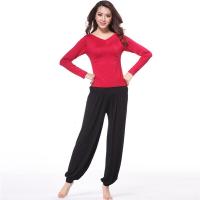 瑜伽服套装女式v领长袖纯色瑜珈健身服修身舞蹈室练舞服装居家套装款