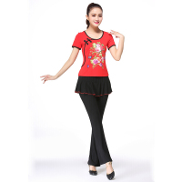 瑜伽跳舞广场舞服装套装莫代尔舞蹈服演出服中老年舞衣跳舞服装女短袖裙裤民族风印花