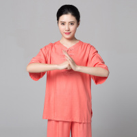 太极服女春夏季棉麻中短袖太极拳女中老年晨练服装亚麻练功裤J