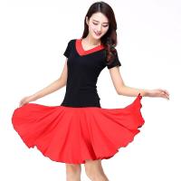 春夏广场舞服装v领莫代尔短袖舞蹈服套装半身短裙中老年人跳舞衣大红裙套安全裤