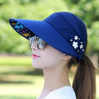 防晒帽子女夏天韩版可折叠休闲百搭出游防紫外线空顶遮阳帽太阳帽树叶珍珠帽—藏青色可节