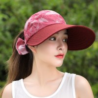 户外遮阳帽防晒帽休闲百搭可折叠骑车太阳帽大沿空顶帽红色均码(55-59cm)