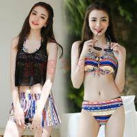 比基尼四件套泳衣女性感钢托小胸聚拢遮肚保守显瘦温泉泳装黑色XL