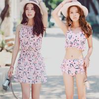 比基尼游泳衣女三件套泡温泉保守遮肚显瘦分体小胸聚拢粉色