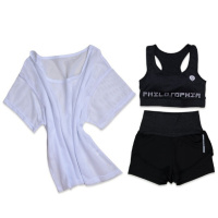 跑步瑜伽服套装女2018新款初学者夏季速干衣健身房罩衫短裤三件套