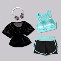 瑜伽服健身房三件套装跑步T恤运动短袖短裤性感网纱罩衫防震文胸