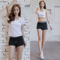 2018夏季新款瑜伽服女专业运动套装短裤健身房跑步性感晨跑速干衣白短袖+白文胸+黑短裤三件套