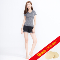 瑜伽运动套装女2018春夏新款健身房服速干衣跑步服瑜珈服D1502短袖麻灰+H107麻灰黑短裤送XD
