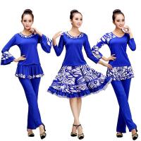 广场舞服装新款套装春夏季青花瓷牛奶丝短袖中老年人跳舞广场服