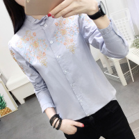 衬衫女刺绣长袖韩版百搭学生秋装2019新款女荷叶立领打底衬衣女潮