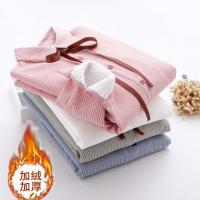 韩版条纹雪纺加厚加绒衬衫女长袖保暖冬2018新款百搭学生衬衣打底