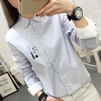 秋冬新款韩版花瓶印花加绒衬衫女长袖学生百搭打底加厚保暖衬衣潮