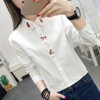 学生长袖白衬衫女上衣潮2018春秋装韩范宽松猫咪绣花打底衬衣