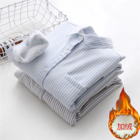 秋冬新款韩版女装学生文艺条纹小清新加绒保暖衬衫女加厚打底衬衣