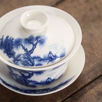 鱼丸 茶具盖碗茶杯特大号陶瓷茶具功夫单个泡茶碗三才杯白瓷青花家用手抓壶