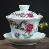 鱼丸 茶具景德镇盖碗茶杯掐丝手工扒花粉彩影青瓷陶茶碗茶具三才盖碗大号