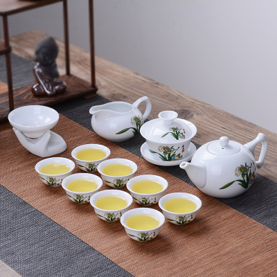 鱼丸 茶具[送茶夹]茶具套装青花陶瓷家用泡茶器功夫盖碗整套简约茶杯