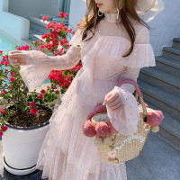 BETTER BING春装2019款女装甜美星星亮片连衣裙修身木耳边蛋糕裙连衣裙