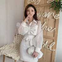 BETTER BING冰冰来了俏皮两件套法国小众甜美蝴蝶结衬衣白色荷叶边包臀裙套装