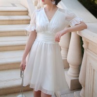 泰国潮牌高腰纯色夏季修身显瘦气质复古短袖V领连衣裙女