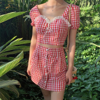 套装女2019新款红色格纹短袖上衣单排扣高腰半身裙两件套