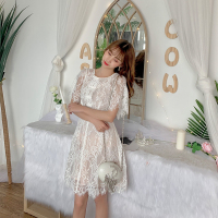 连衣裙2019新款夏名媛气质圆领绣花收腰修身短袖蕾丝短裙