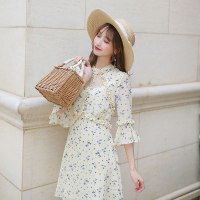 连衣裙2019新款夏雪纺印花喇叭袖收腰显瘦甜美小清新裙女