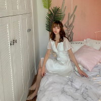 连衣裙2019新款夏名媛气质V领交叉高腰修身白色超仙短裙