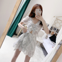 套装女2019新款荷叶边V领字母蝴蝶结短款上衣洋气减龄裙