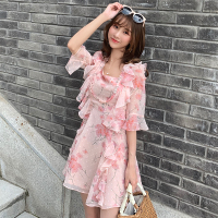 连衣裙2019新款夏粉色雪纺气质显瘦甜美荷叶边很仙的裙子