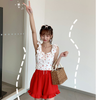 两件套洋气减龄裤装甜美小清新樱桃系带上衣收腰红色短裤