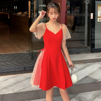 连衣裙2019新款夏名媛气质网纱红色高冷御姐短款A字裙女