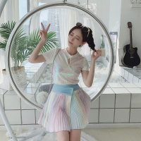 夏装2019新款上衣名媛气质性感镂空彩色亮片百搭短袖女