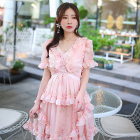 度假裙2019新款夏泰国潮牌V领短袖收腰粉色印花连衣裙女