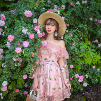 很仙的法国小众桔梗裙名媛气质性感斜肩刺绣花朵连衣裙女