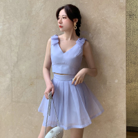 蝴蝶结V领短款背心高腰气质裙裤女2019新款套装两件套