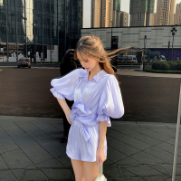 女装2019新款潮泰国潮牌袖收灯笼腰系带亮丝衬衣短裤套装