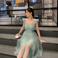 2019新款夏泰国潮牌高腰网纱绣花吊带时尚显瘦收腰连衣裙