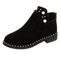 2018秋季新款英伦风复古圆头切尔西靴粗跟低跟珍珠短靴磨砂女鞋子