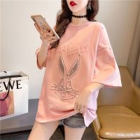 3D凹凸兔子重工烫钻短袖T恤女2021春夏新款含棉中长款半袖上衣潮