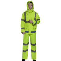 沐茵树交通执勤荧光黄PU分体式雨衣 路政巡逻防风防寒安全反光雨衣套装my-024